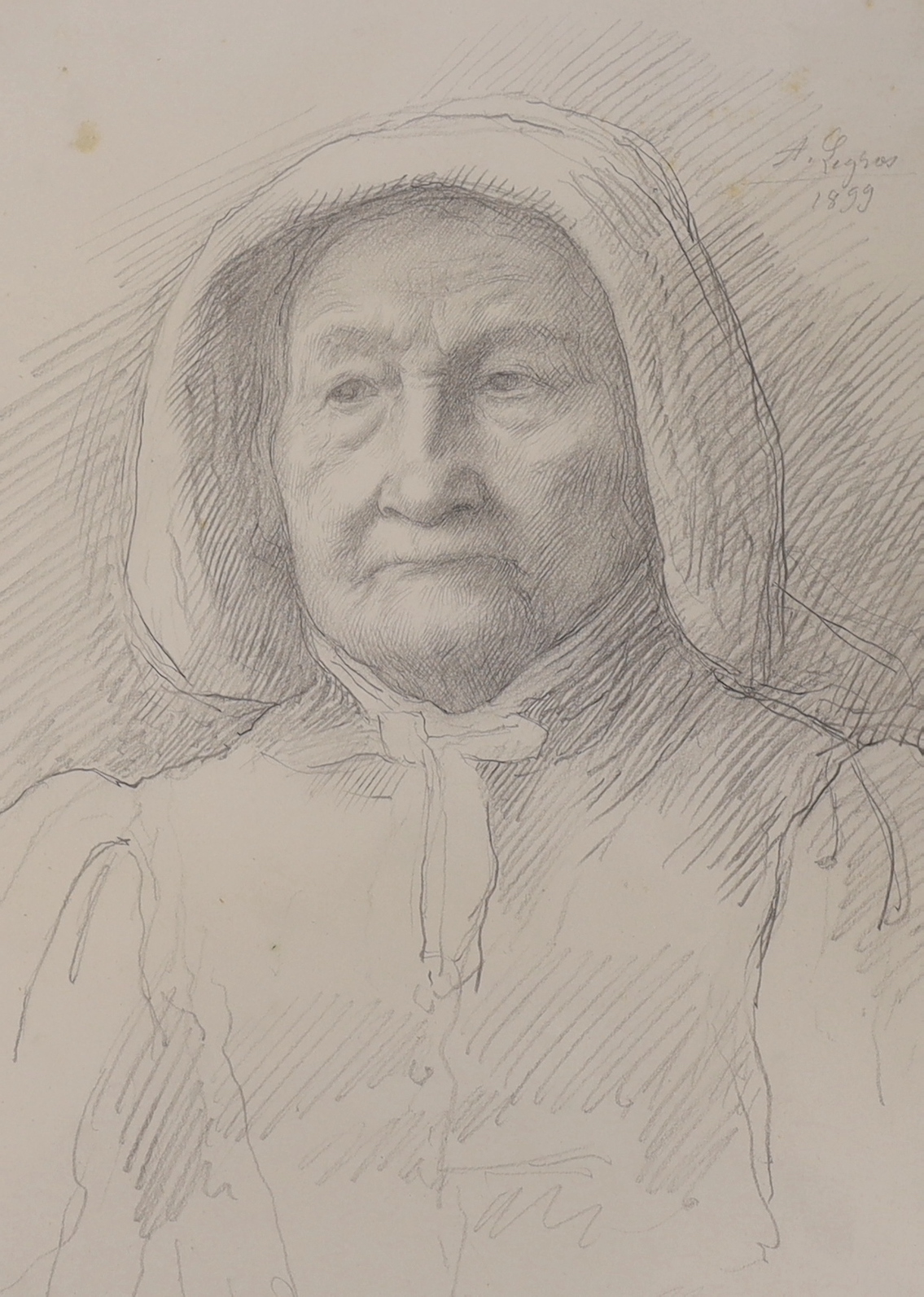 Alphonse Legros (French, 1837-1911), pencil drawing, Portrait of a woman wearing a bonnet, signed and dated 1899, 31.5 x 24.5cm